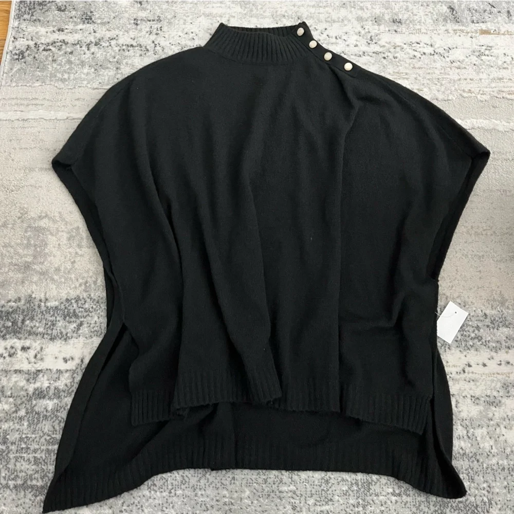 🆕 J.Crew black mockneck with button detail poncho sweater with slit hems - Picture 2 of 12